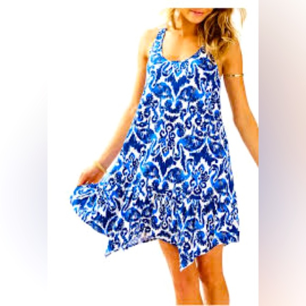 Lilly Pulitzer Hampton Tank Dress Size M Medium Beach Bathers Blue Navy Flamingo